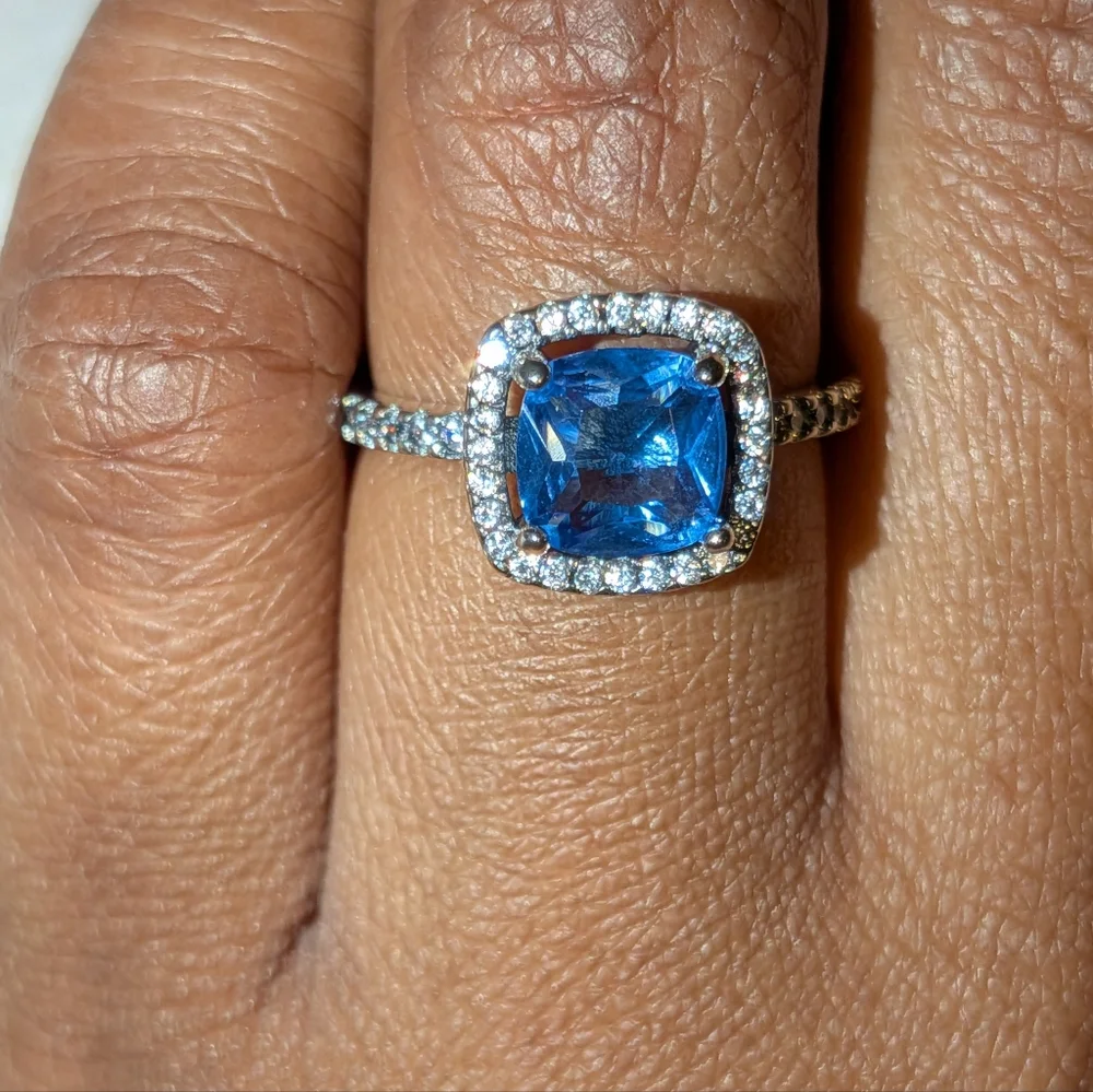 Blue Sapphire 925 Silver Halo Ring with Diamond Accents Sz 6